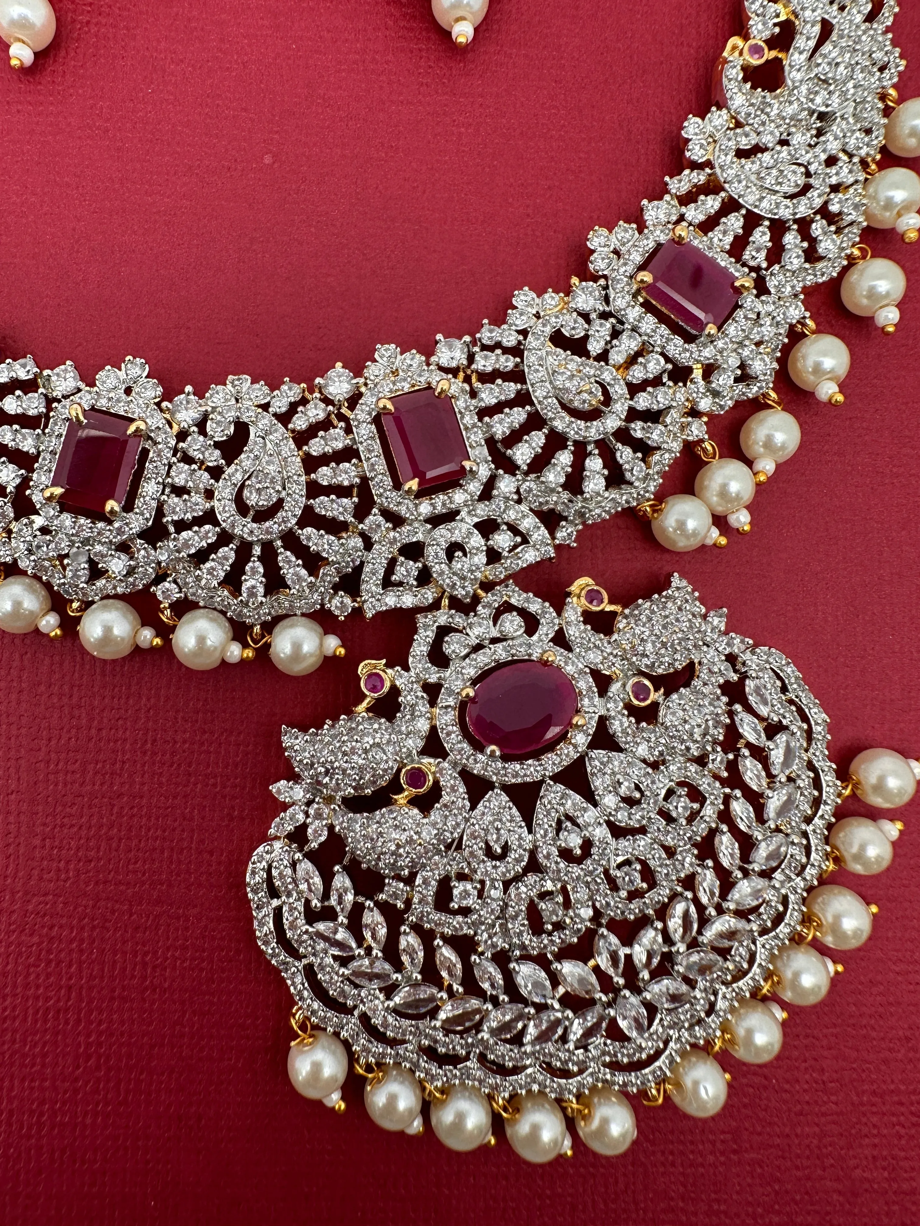 AD Diamond Finish Color Stone Peacock Design Long Necklace