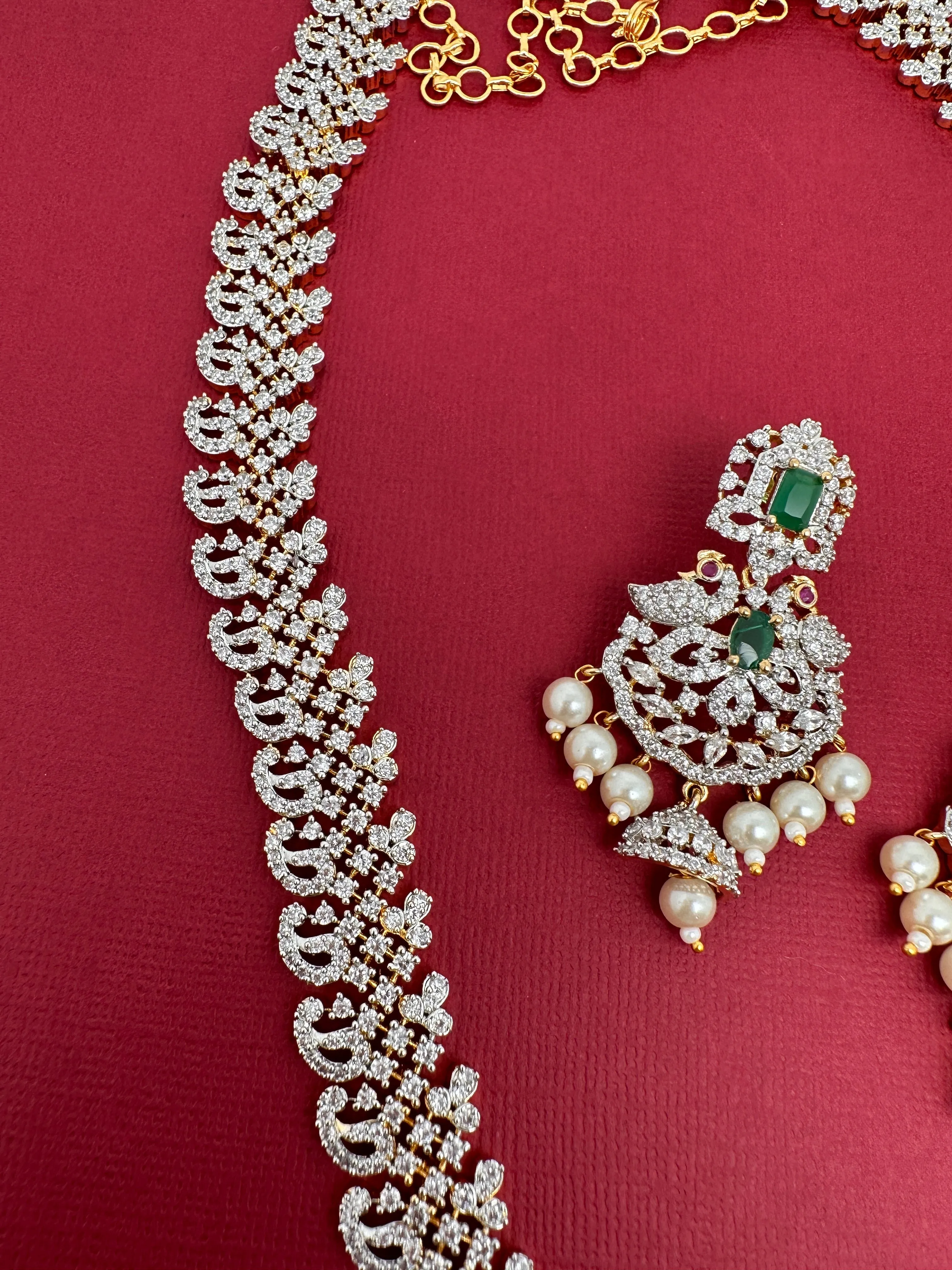 AD Diamond Finish Color Stone Peacock Design Long Necklace