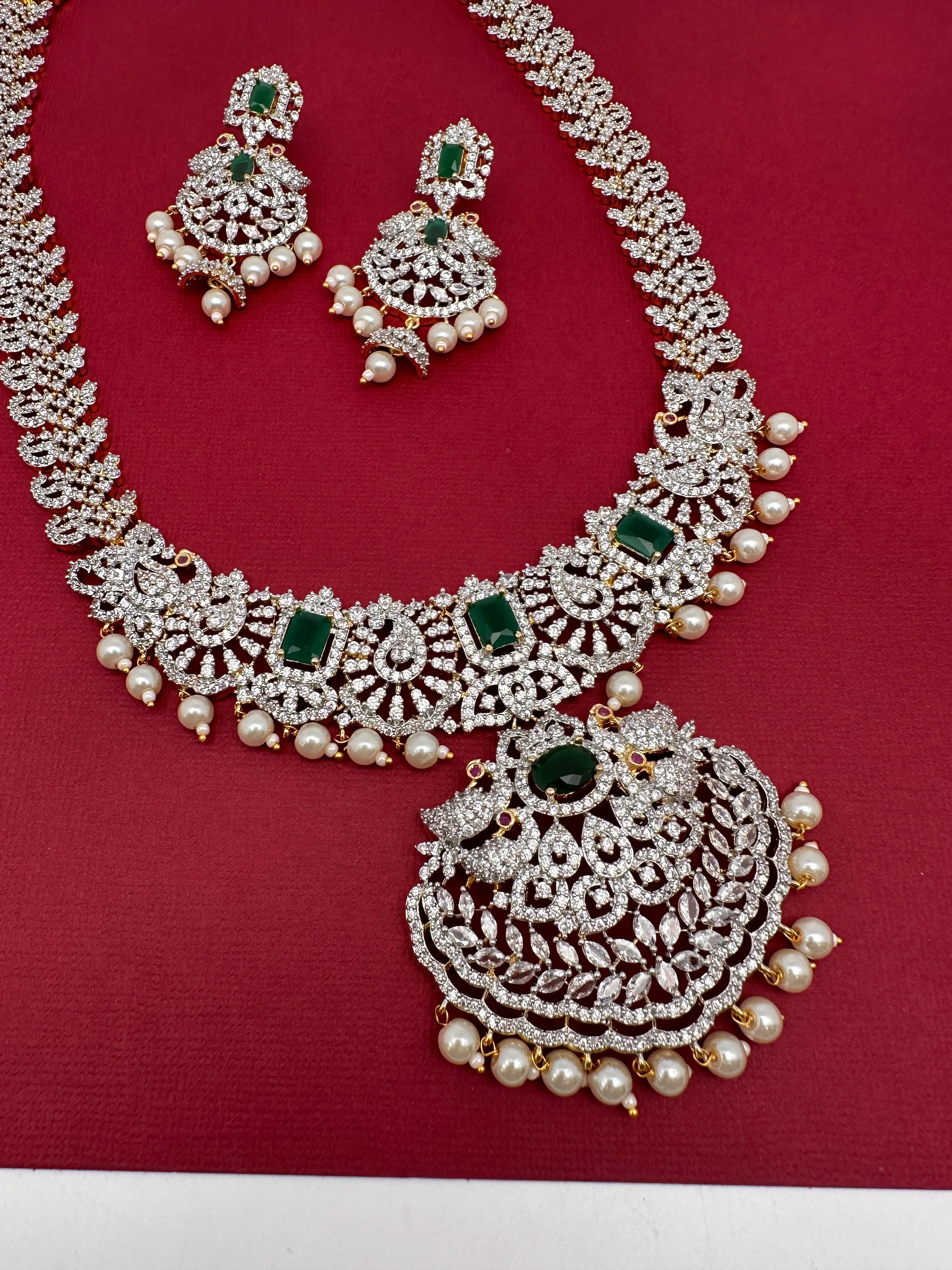 AD Diamond Finish Color Stone Peacock Design Long Necklace