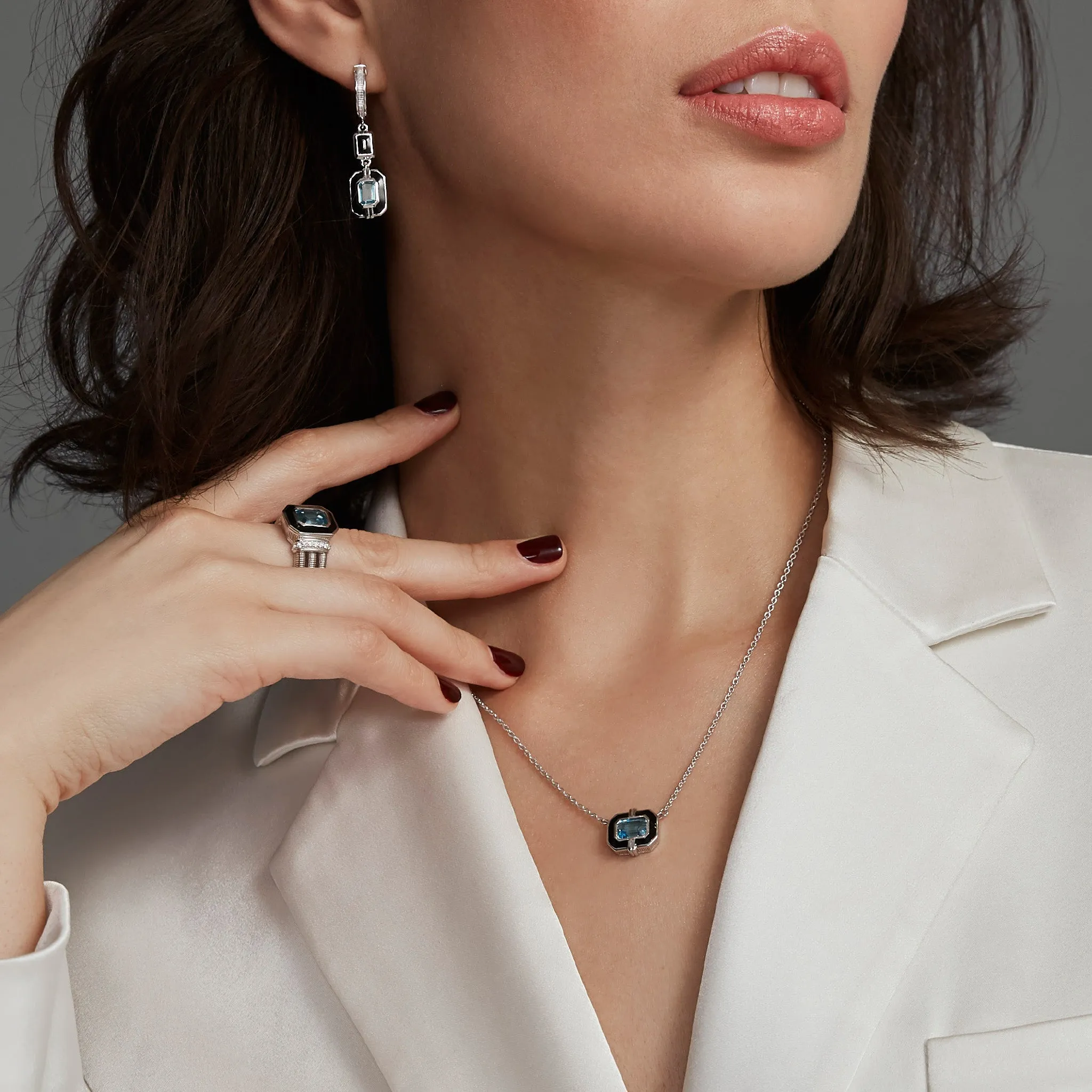 Adrienne Double Drop Huggie Hoop Earrings with Enamel and Swiss Blue Topaz