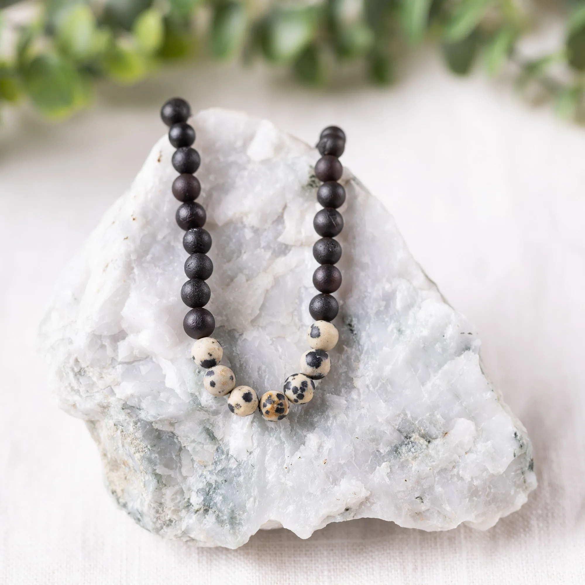 Adults | Dalmatian Jasper   Raw Cherry Amber Necklace