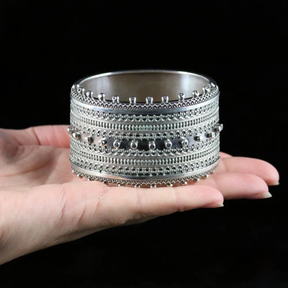 Antique Victorian Bangle Silver Wide Cuff Circa 1880