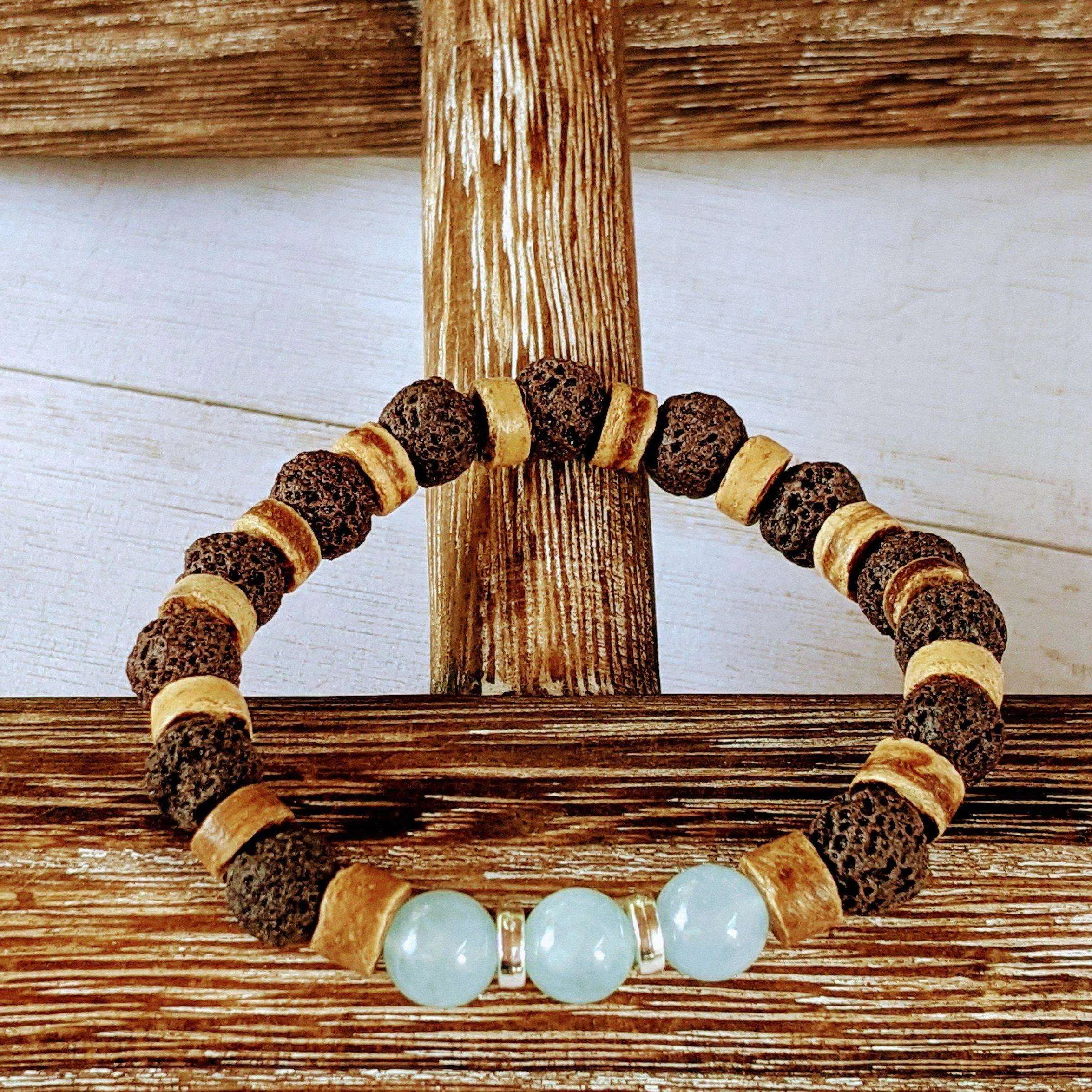 Aquamarine Gemstone Lava Bead Stretch bracelet-MARCH Birthstone