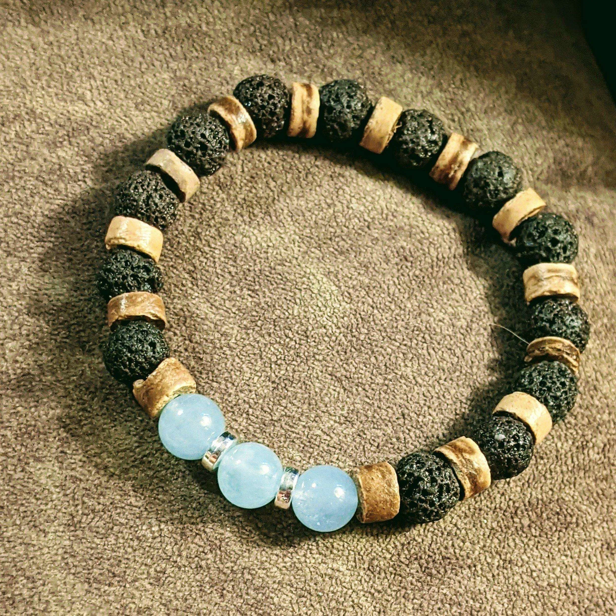 Aquamarine Gemstone Lava Bead Stretch bracelet-MARCH Birthstone