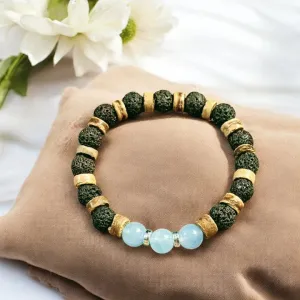 Aquamarine Gemstone Lava Bead Stretch bracelet-MARCH Birthstone