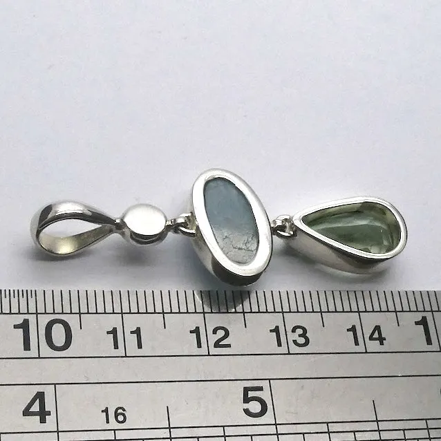 Aquamarine Pendant with Green Amethyst & Pearl, 925 Sterling Silver