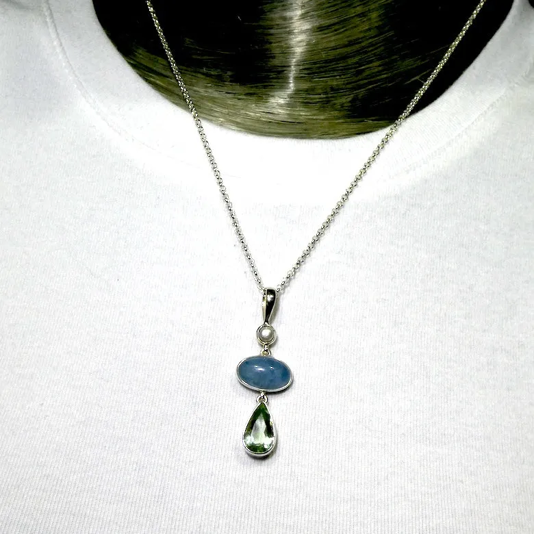 Aquamarine Pendant with Green Amethyst & Pearl, 925 Sterling Silver