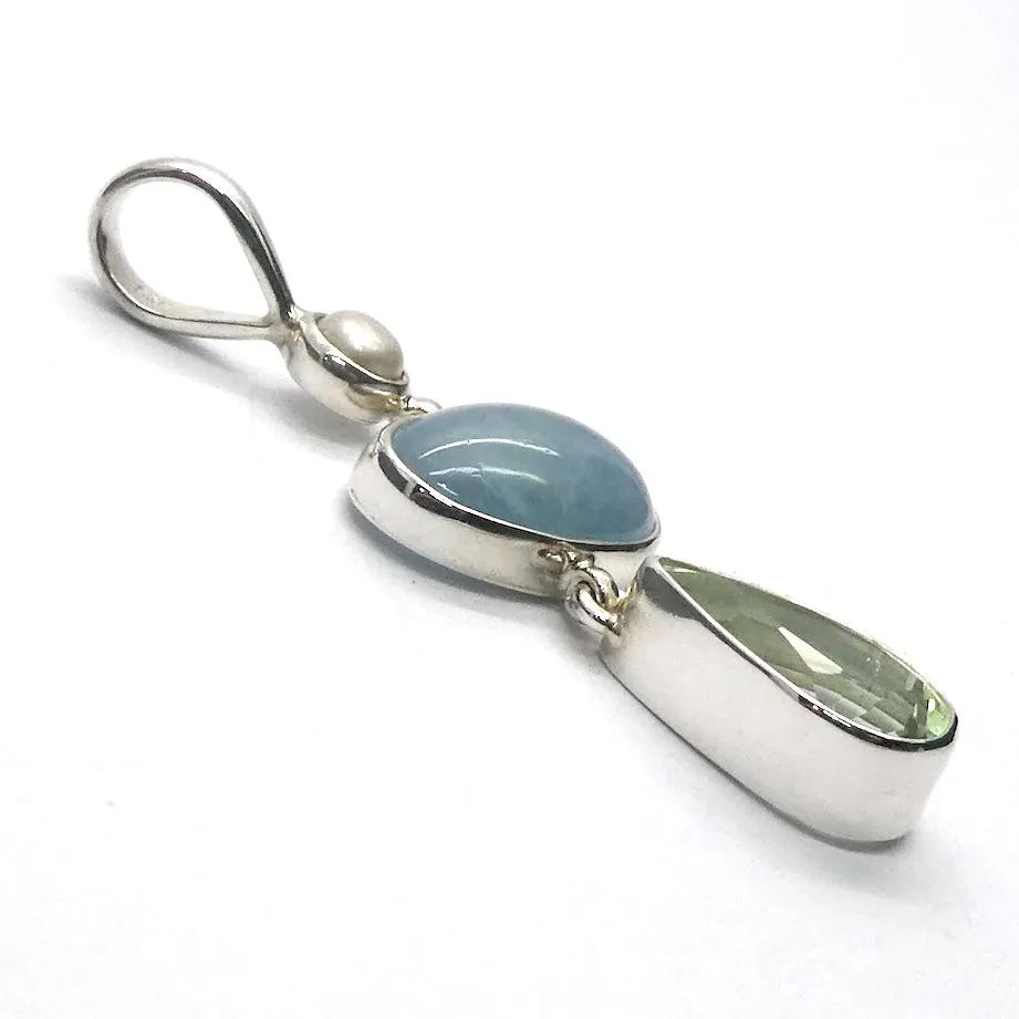 Aquamarine Pendant with Green Amethyst & Pearl, 925 Sterling Silver
