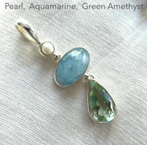 Aquamarine Pendant with Green Amethyst & Pearl, 925 Sterling Silver