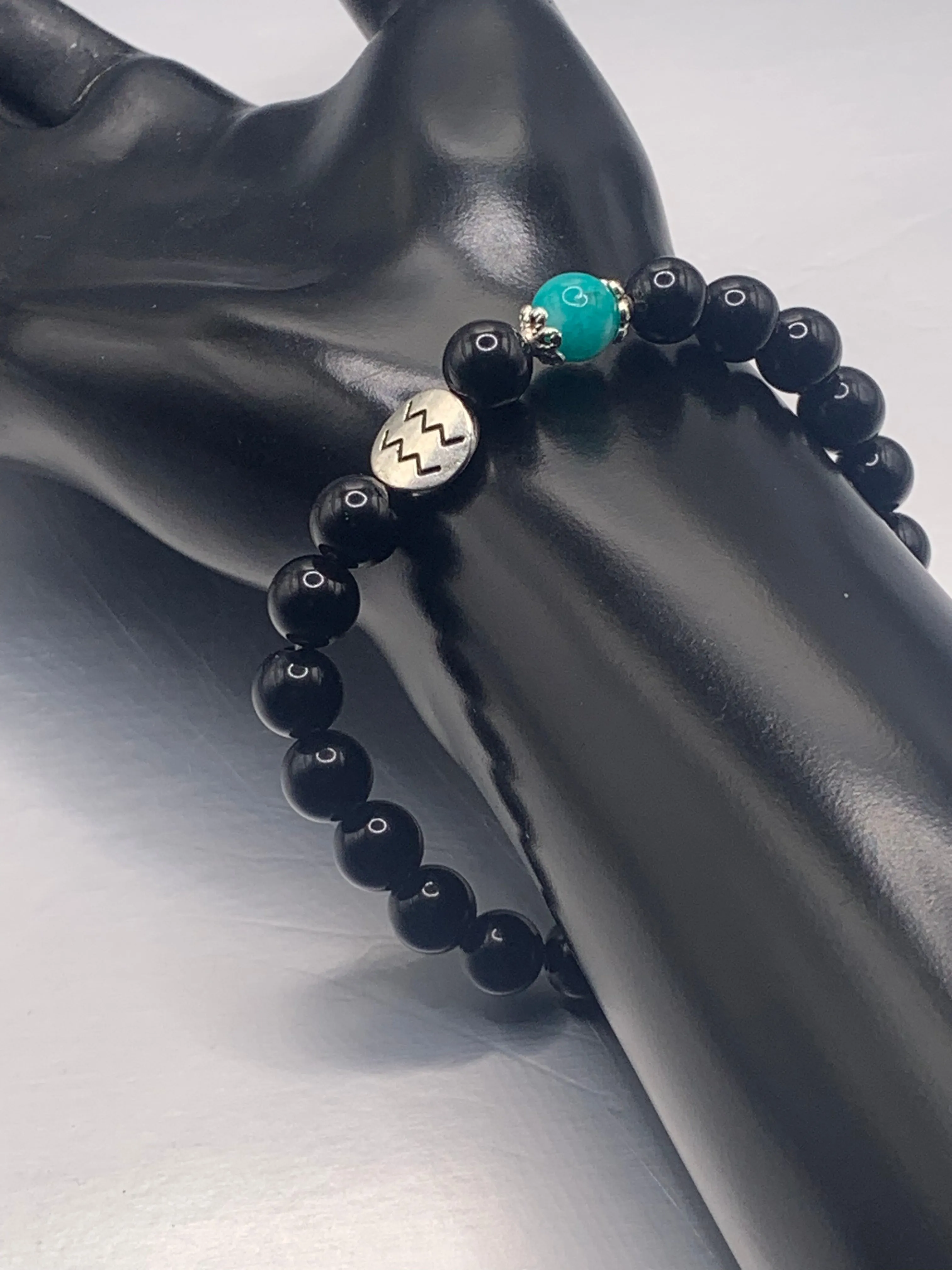 Aquarius Zodiac black obisidian with aquamarine chalcedony semi precious stone/crystal elastic beaded bracelet with silver accents