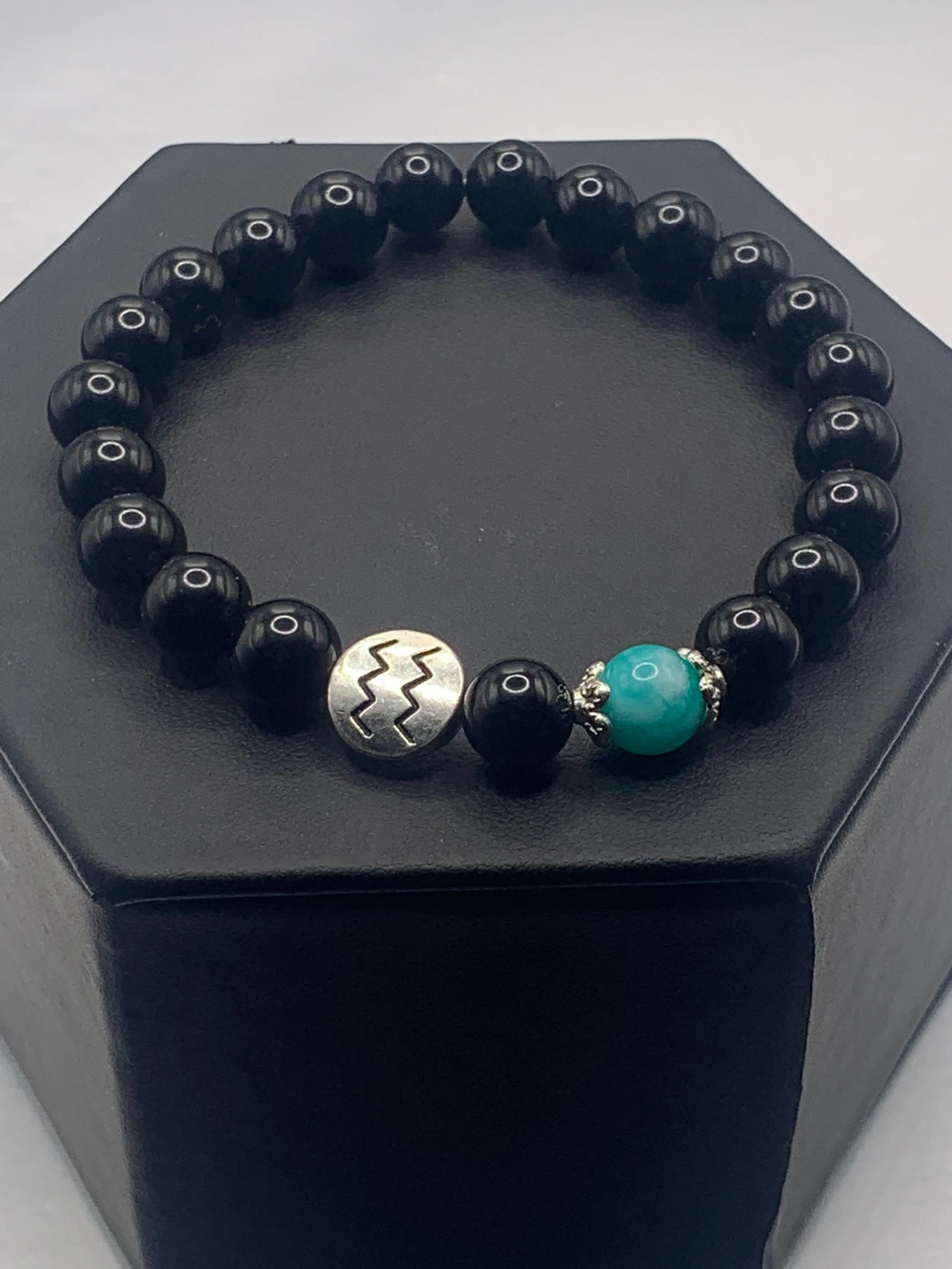 Aquarius Zodiac black obisidian with aquamarine chalcedony semi precious stone/crystal elastic beaded bracelet with silver accents