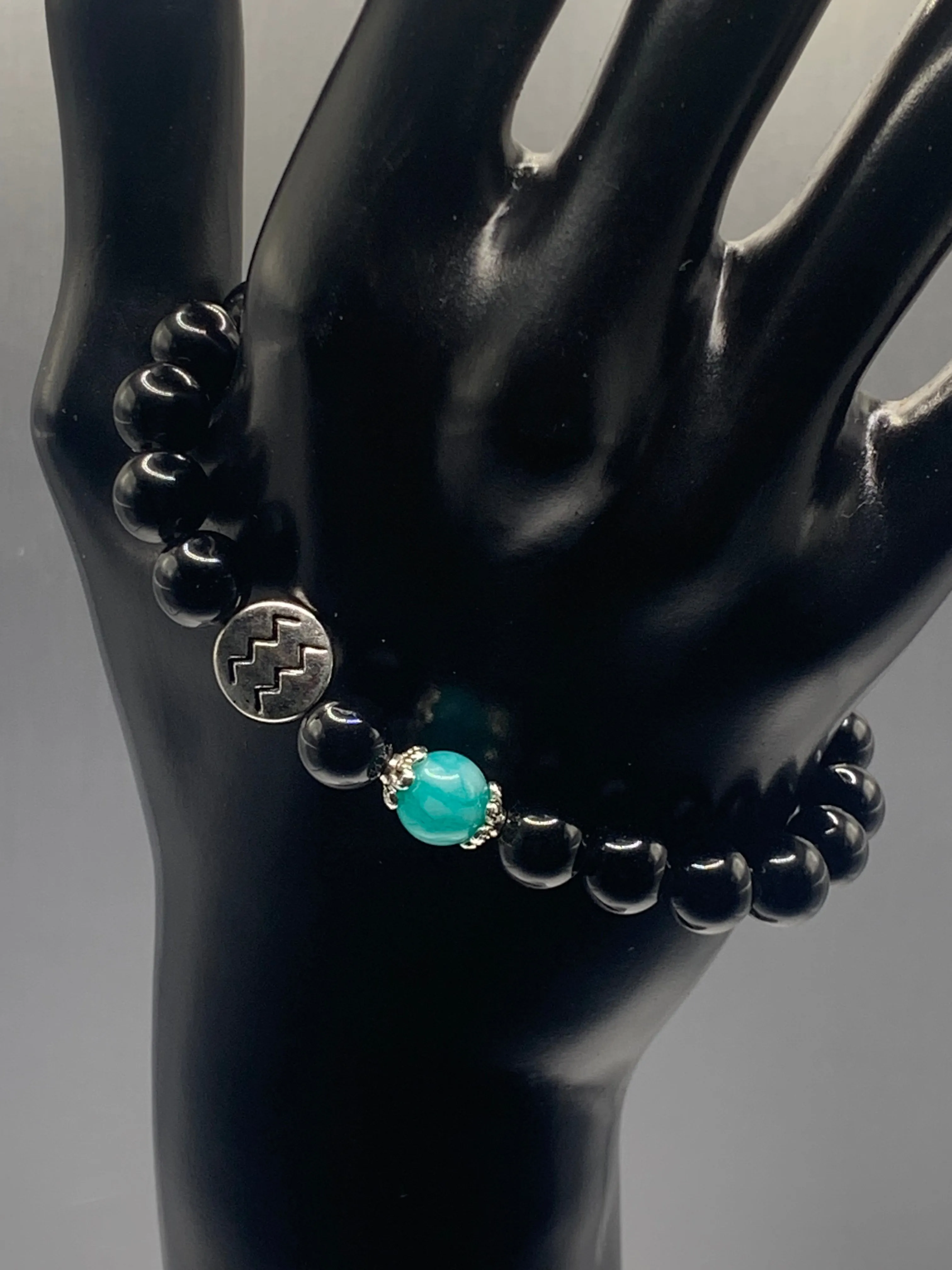Aquarius Zodiac black obisidian with aquamarine chalcedony semi precious stone/crystal elastic beaded bracelet with silver accents