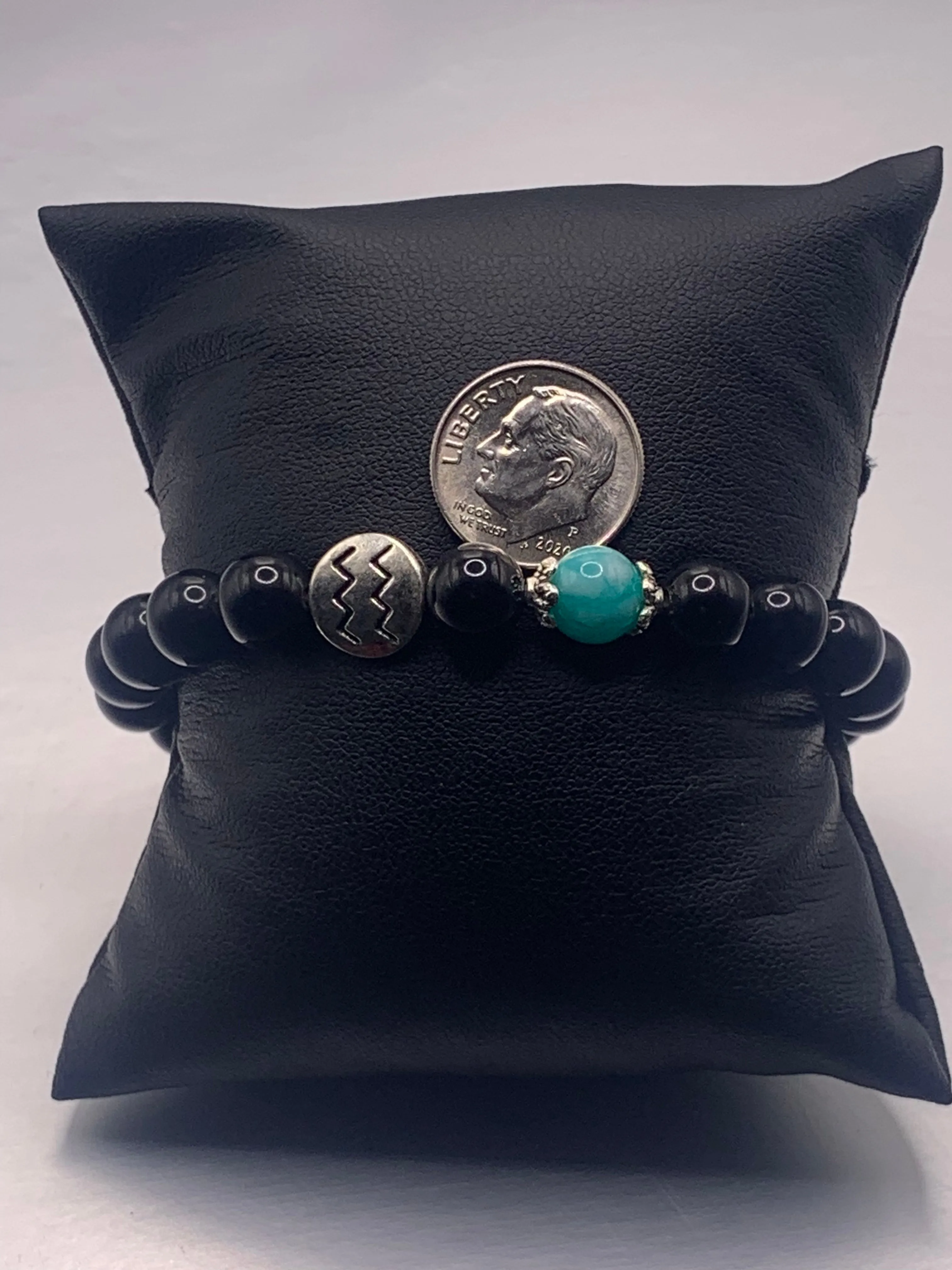 Aquarius Zodiac black obisidian with aquamarine chalcedony semi precious stone/crystal elastic beaded bracelet with silver accents