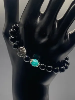 Aquarius Zodiac black obisidian with aquamarine chalcedony semi precious stone/crystal elastic beaded bracelet with silver accents