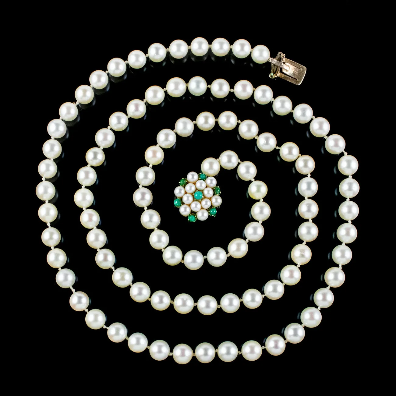 Art Deco Pearl Opera Necklace 9ct Gold Pearl Turquoise Clasp