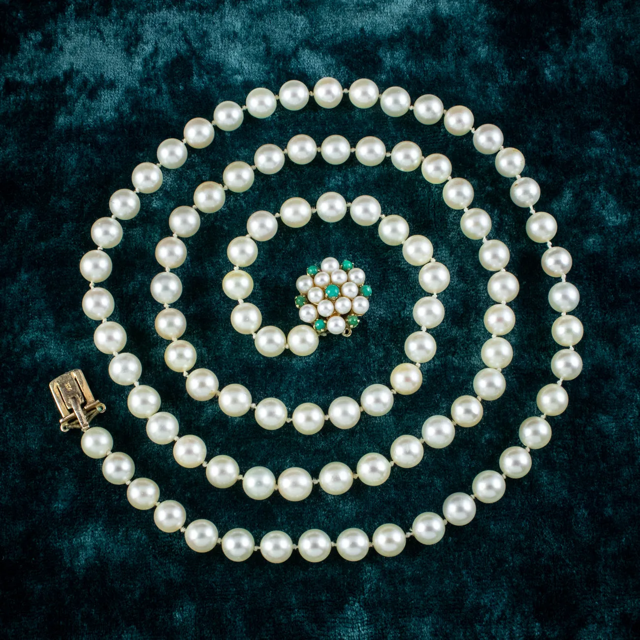 Art Deco Pearl Opera Necklace 9ct Gold Pearl Turquoise Clasp