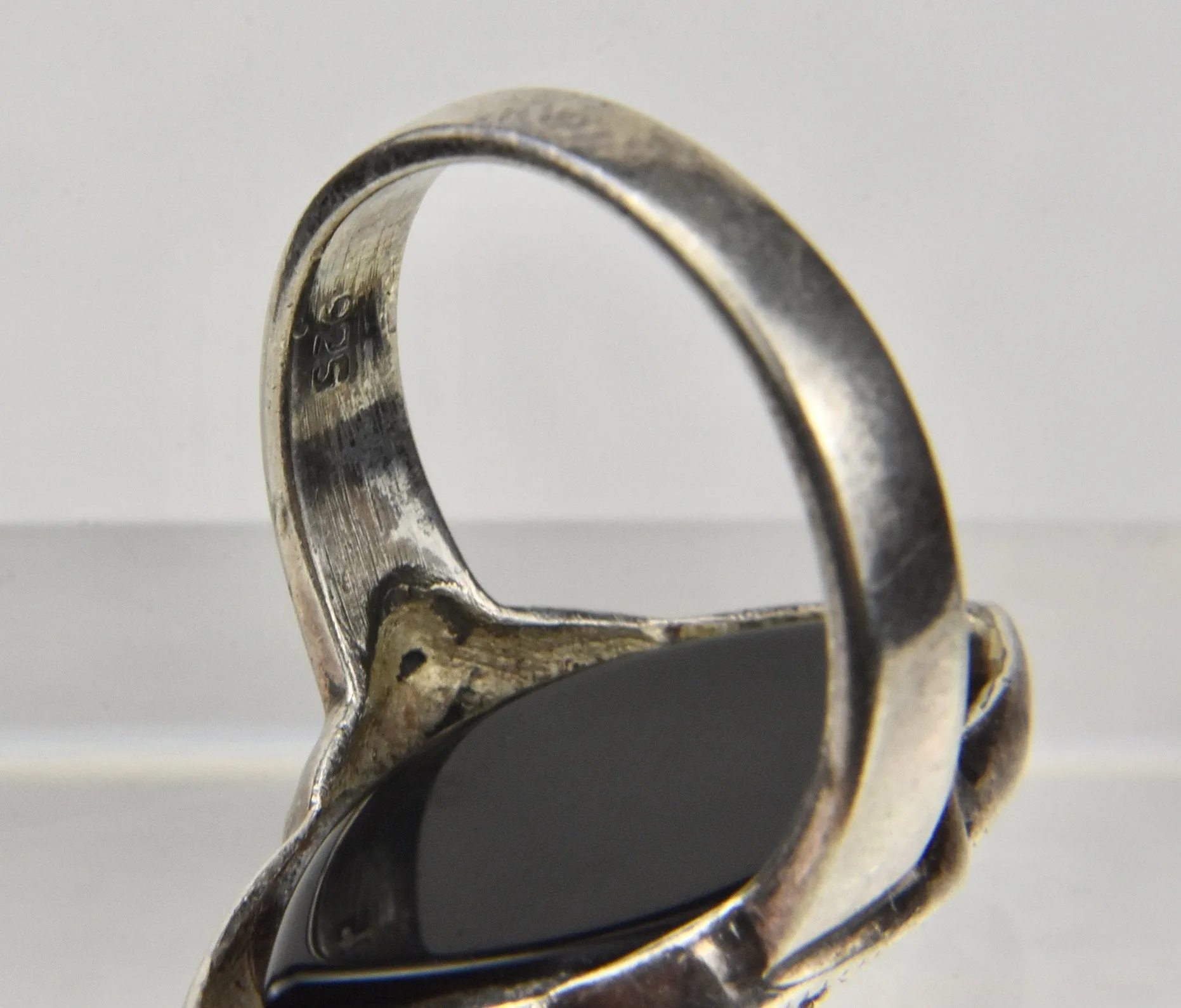 Art Deco Sterling Silver Black Onyx and Marcasite Ring - Size 6