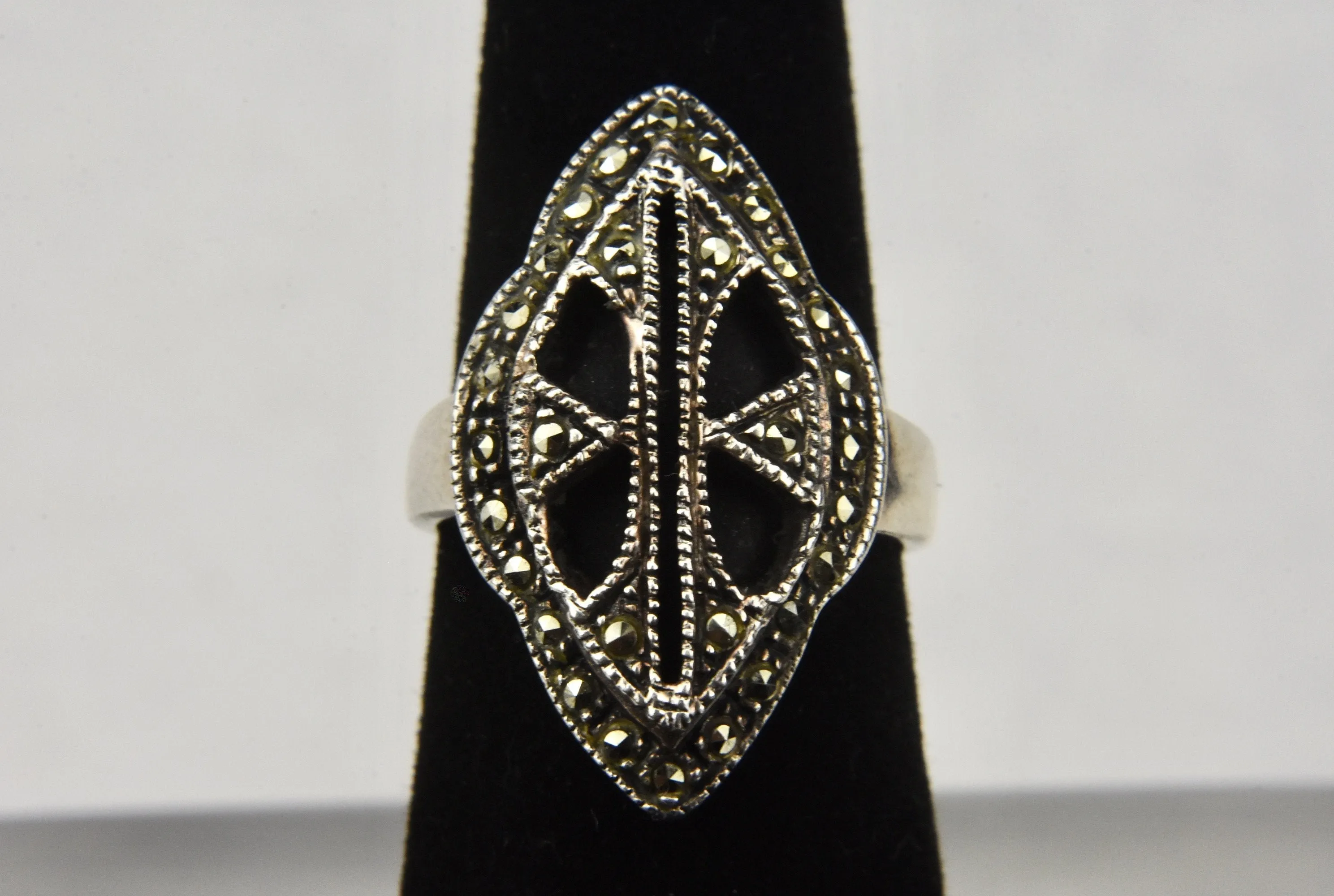 Art Deco Sterling Silver Black Onyx and Marcasite Ring - Size 6
