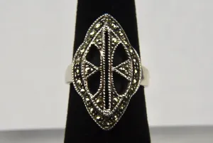 Art Deco Sterling Silver Black Onyx and Marcasite Ring - Size 6