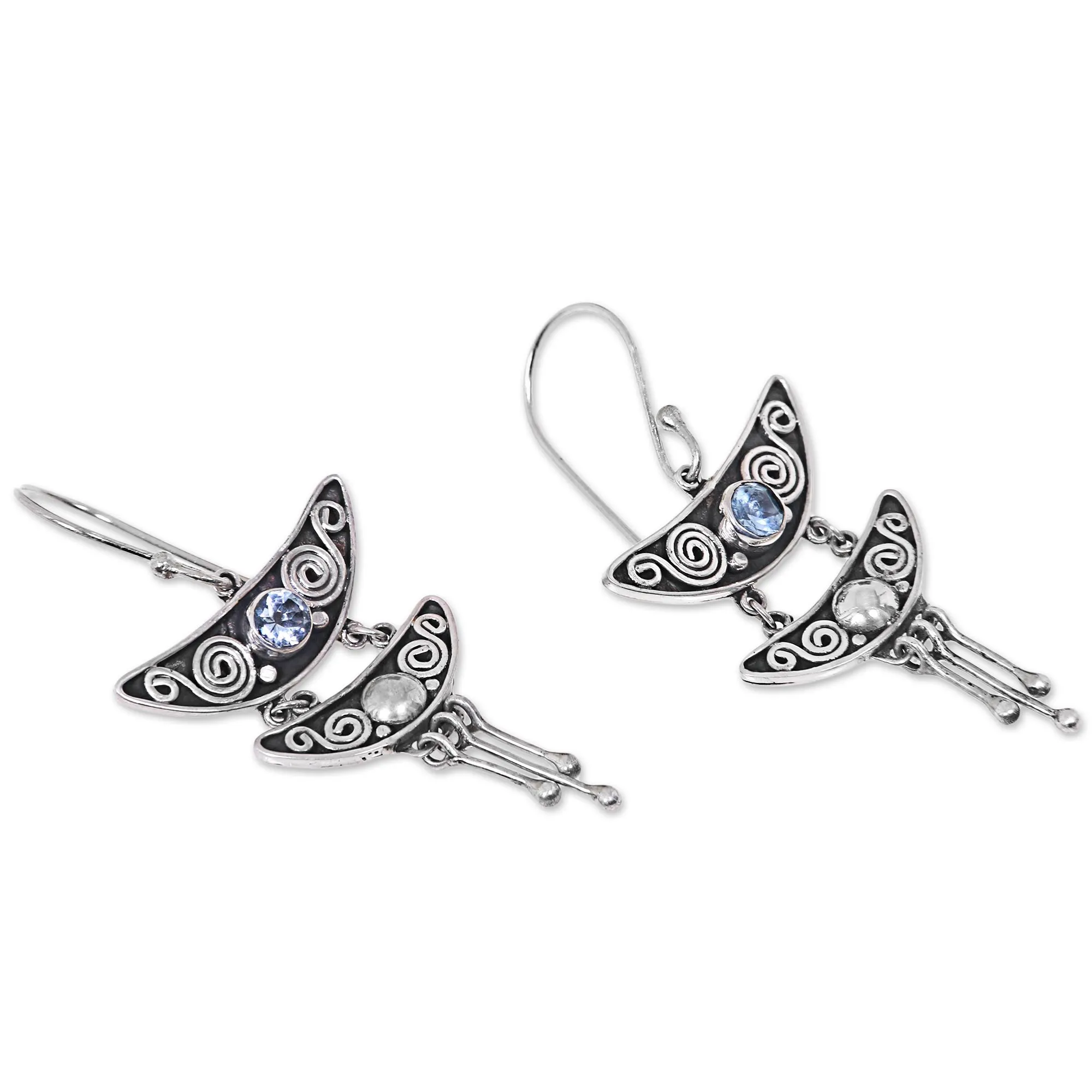 Balinese Sterling Silver and Blue Topaz Dangle Earrings - Balinese Pagoda | NOVICA