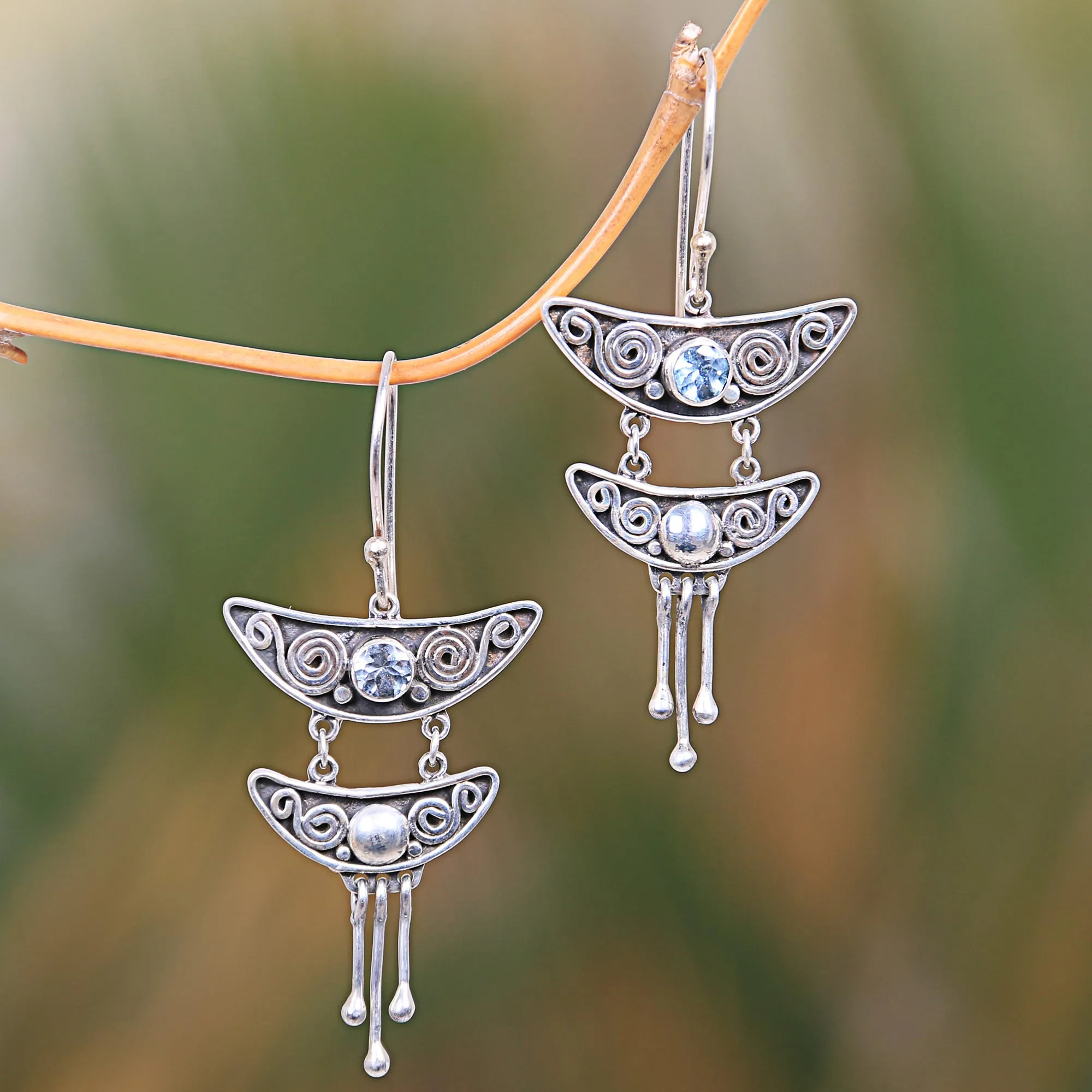 Balinese Sterling Silver and Blue Topaz Dangle Earrings - Balinese Pagoda | NOVICA