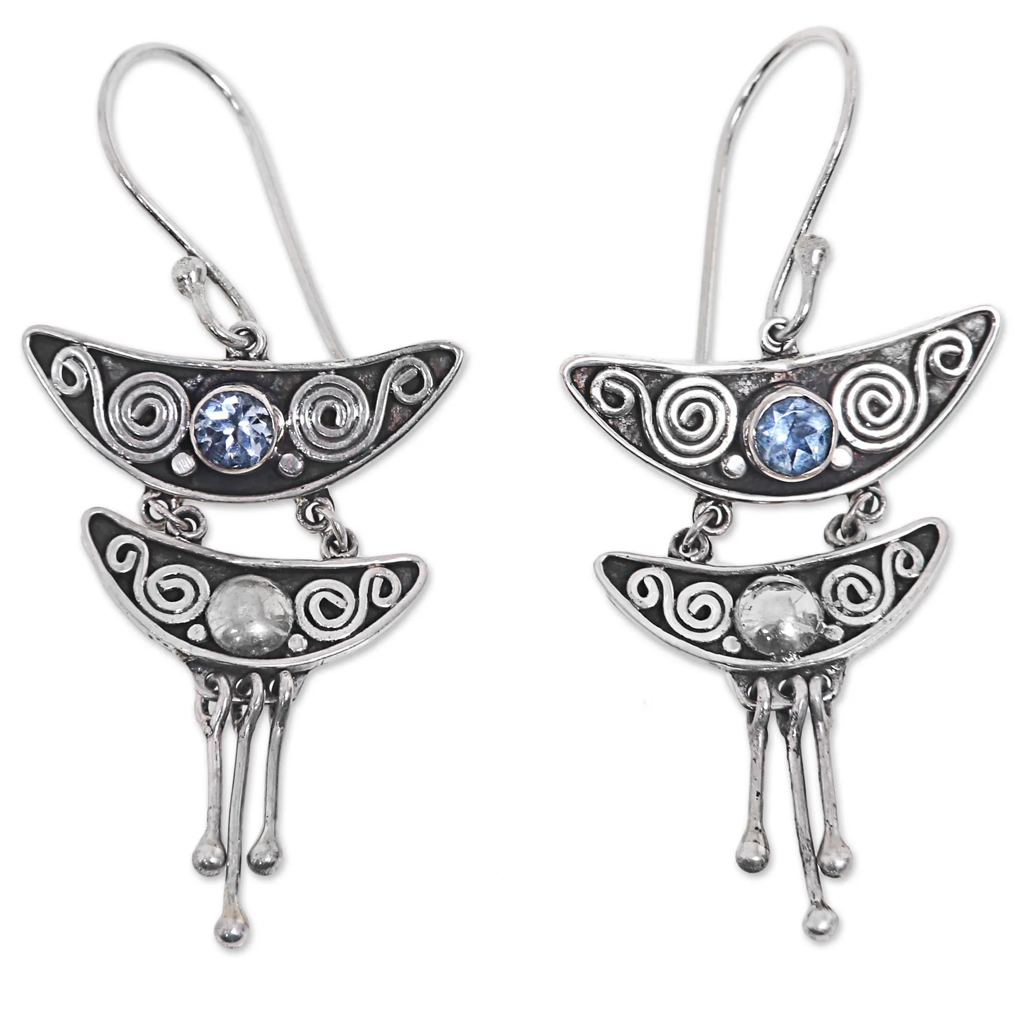 Balinese Sterling Silver and Blue Topaz Dangle Earrings - Balinese Pagoda | NOVICA