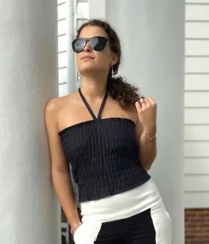 Black Linen Elastic Crop Top with V neck strap