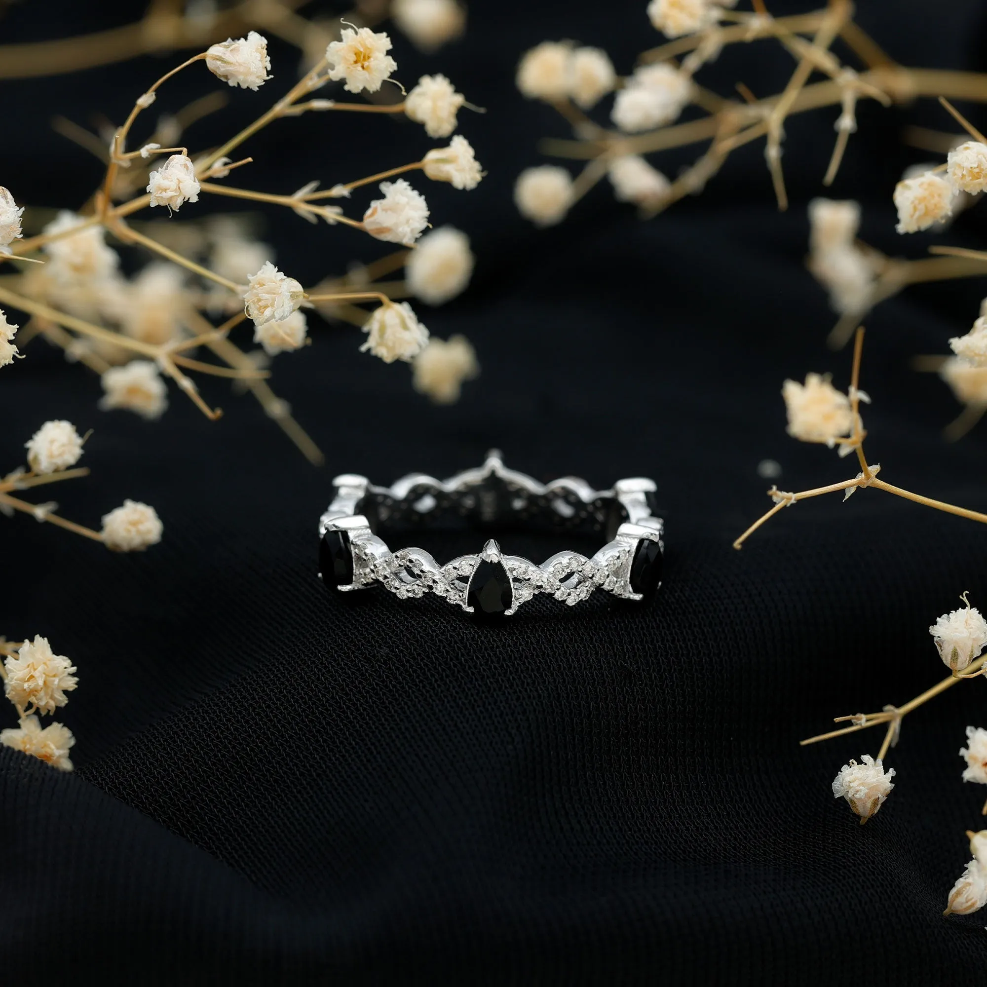 Black Onyx and Diamond Eternity Ring with Crossover Shank