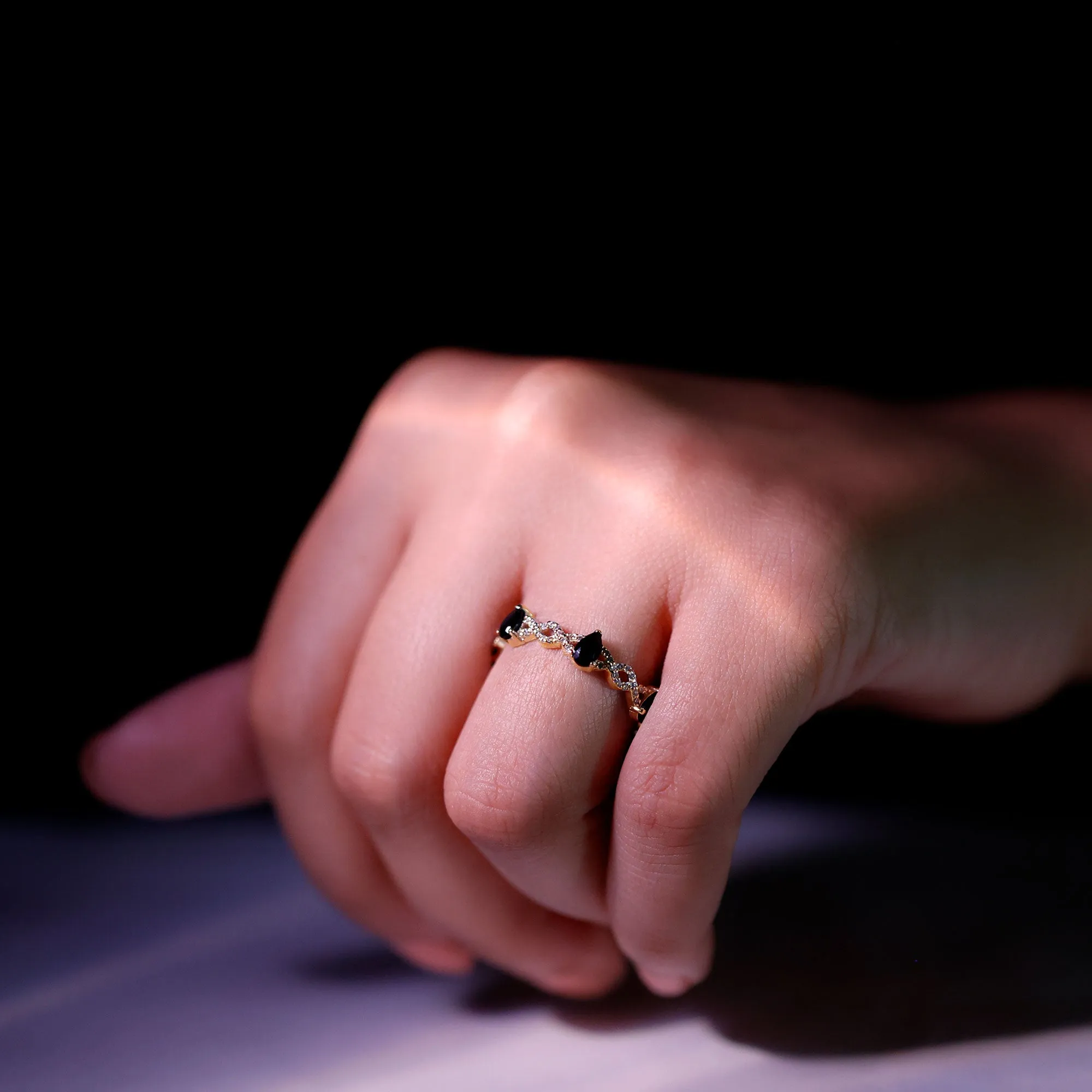 Black Onyx and Diamond Eternity Ring with Crossover Shank