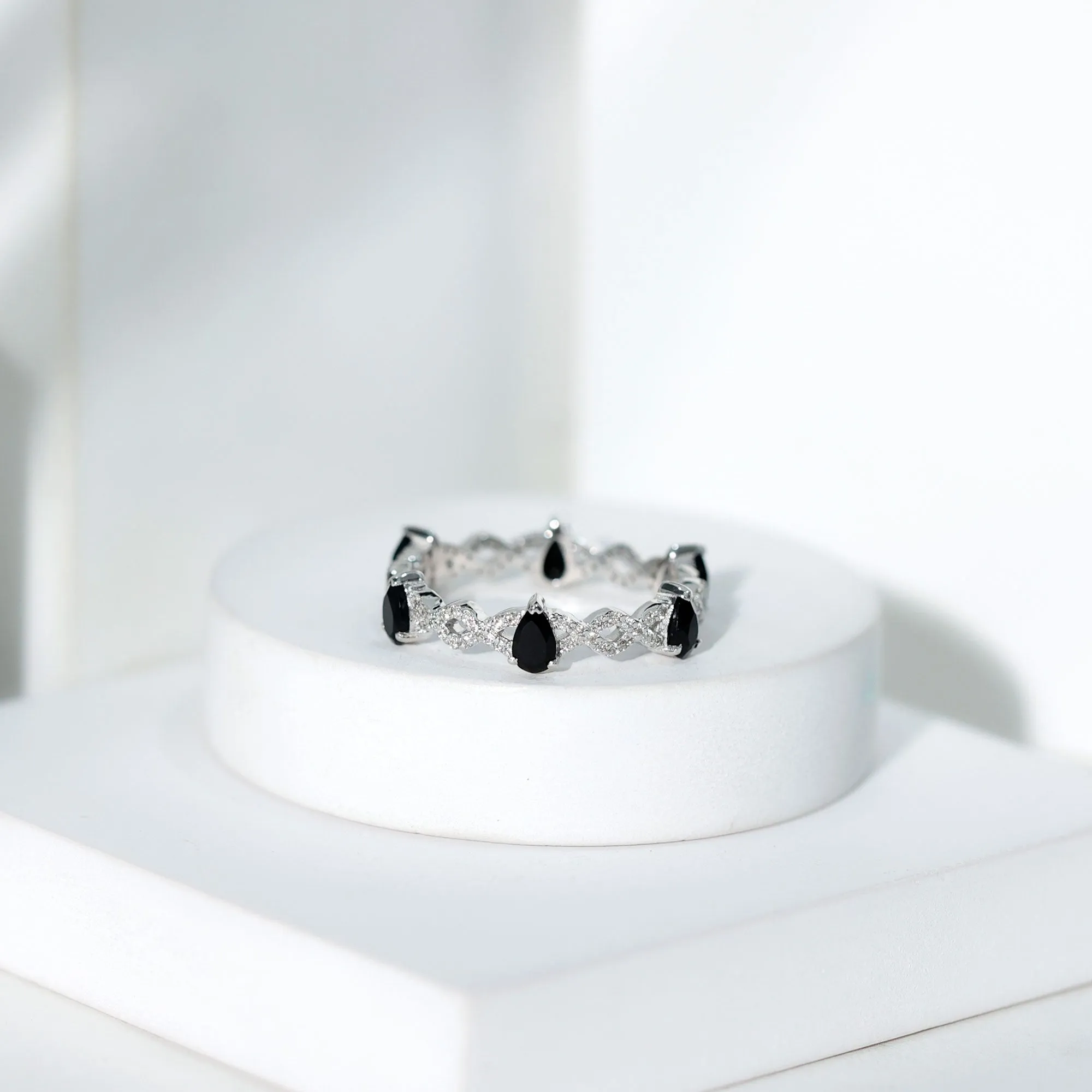 Black Onyx and Diamond Eternity Ring with Crossover Shank