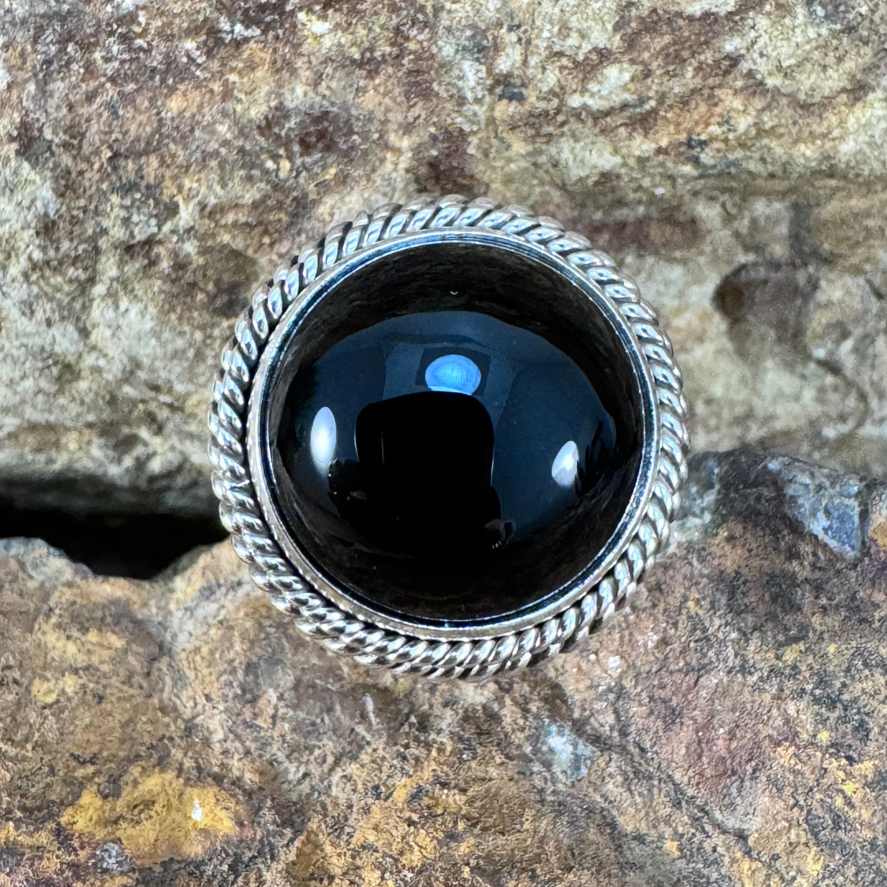 Black Onyx Sterling Silver Double Twist Rope Ring by Artie Yellowhorse - 16mm