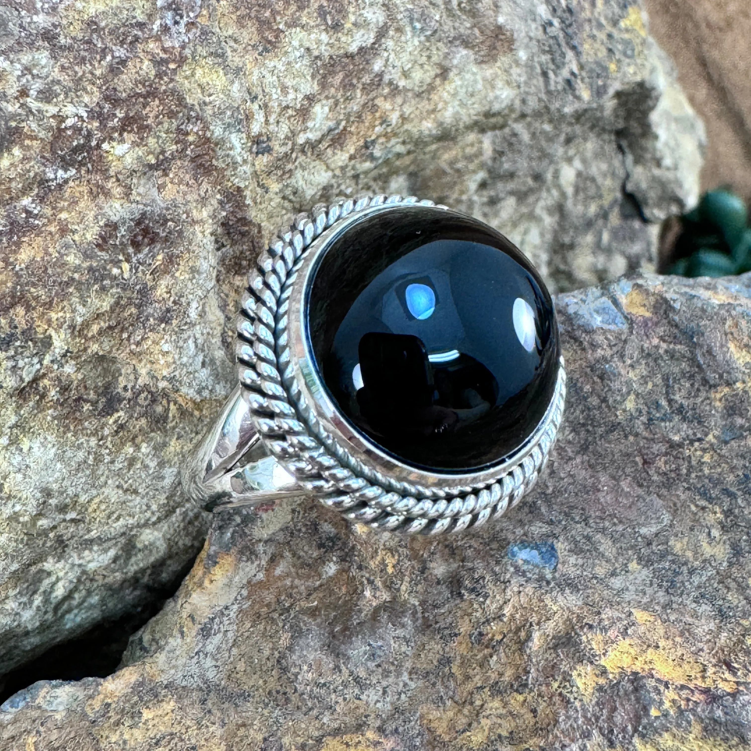 Black Onyx Sterling Silver Double Twist Rope Ring by Artie Yellowhorse - 16mm