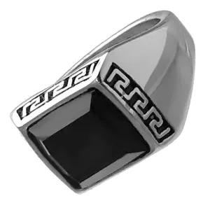 Black Stone Greek Engraved Stainless Steel Biker Ring