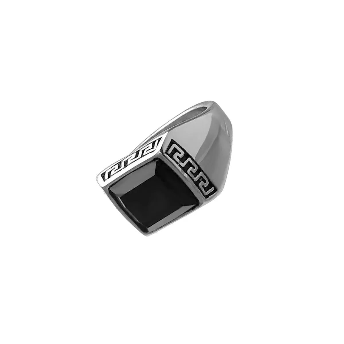 Black Stone Greek Engraved Stainless Steel Biker Ring