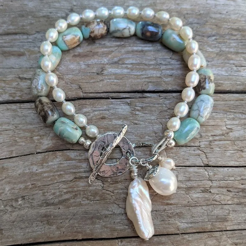 Blue Agate & String of White Pearls Bracelet