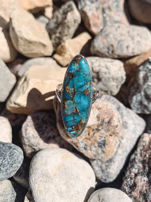 BLUE COPPER LONG MATRIX TURQUOISE RING STERLING SILVER