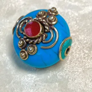 Blue Resin Tibetan Bead with Coral Inlay