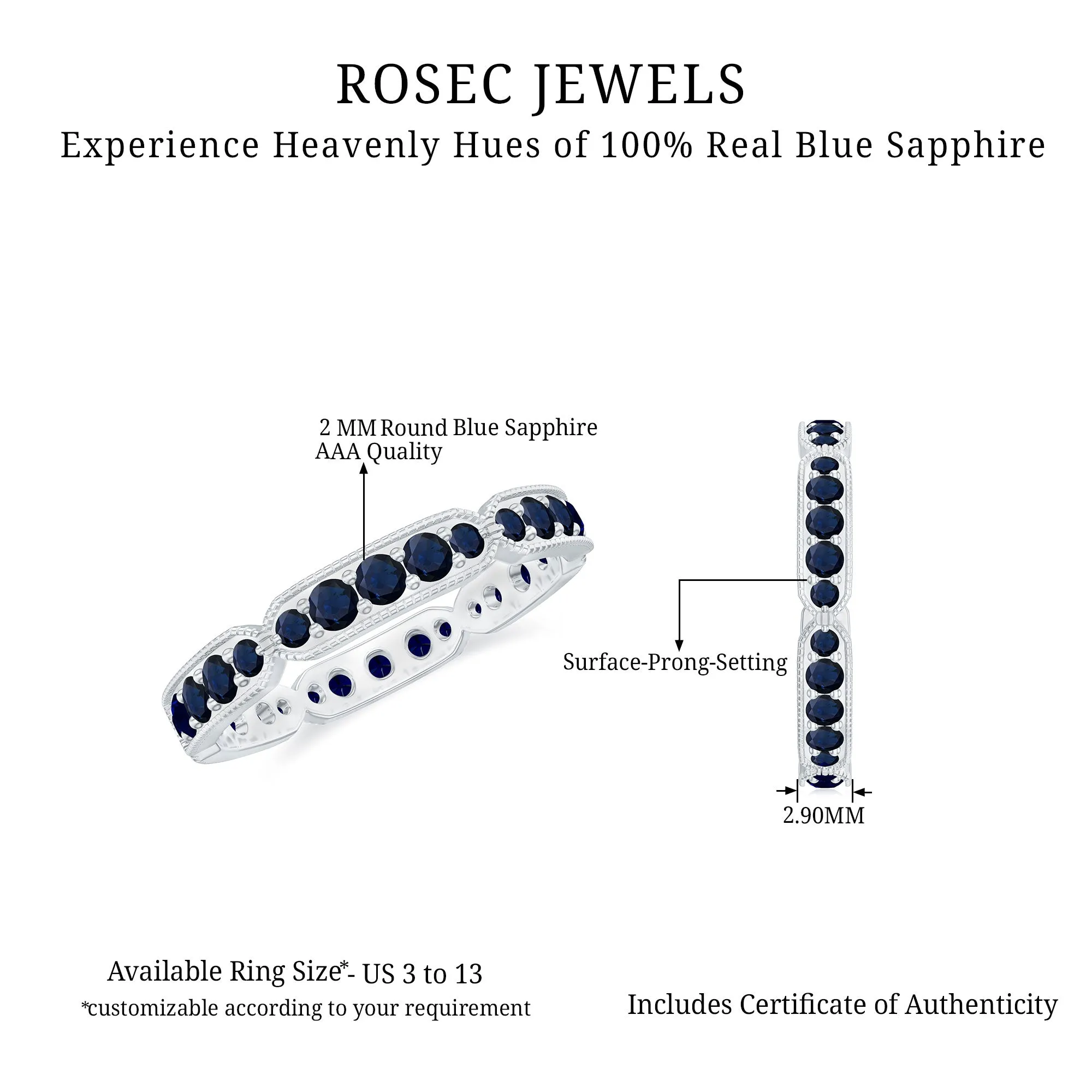 Blue Sapphire Eternity Ring with Milgrain Detailing