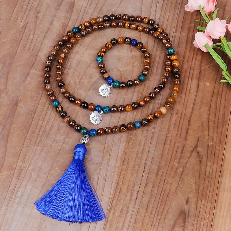Buddha Stones 108 Mala Beads Tiger Eye Buddha Strength Bracelet Tassel Necklace Pendant