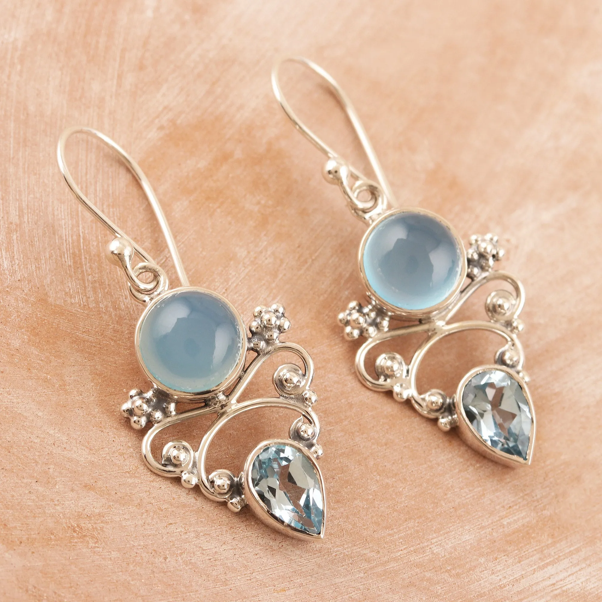 Chalcedony and Blue Topaz Dangle Earrings from India - Glacial | NOVICA