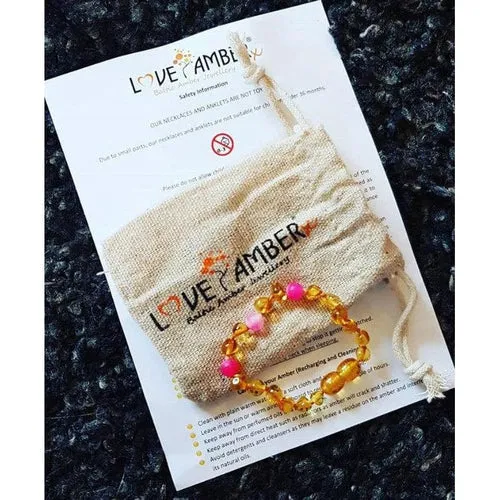 Child Honeysuckle Pink Agate Polished Honey Baltic Amber Anklet Bracelet