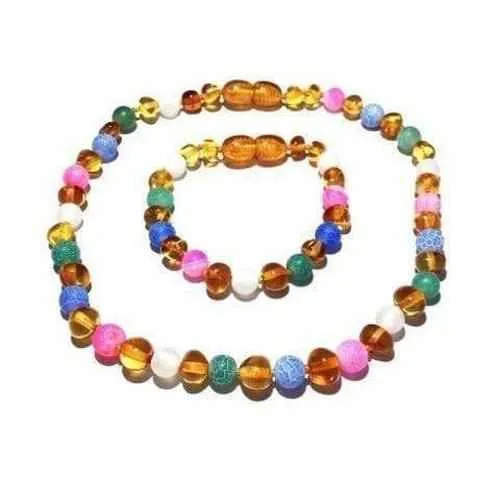 Child Mermaid Pink Blue Green Dragon Agate and Honey Baltic Amber Anklet Bracelet