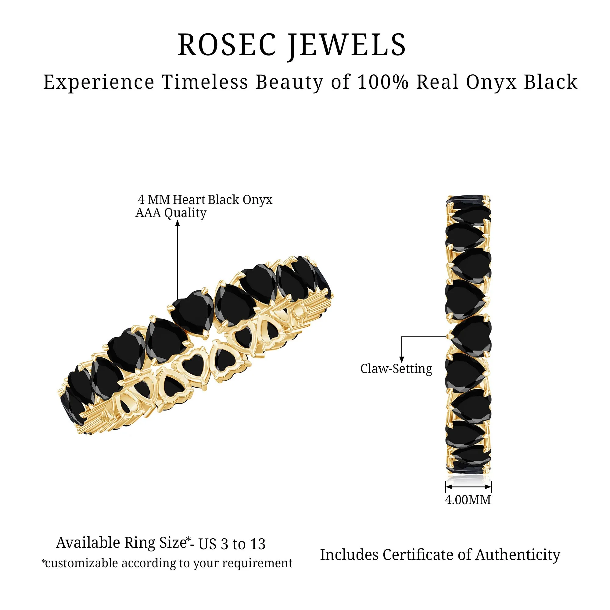 Claw Set Heart Shape Black Onyx Eternity Band Ring