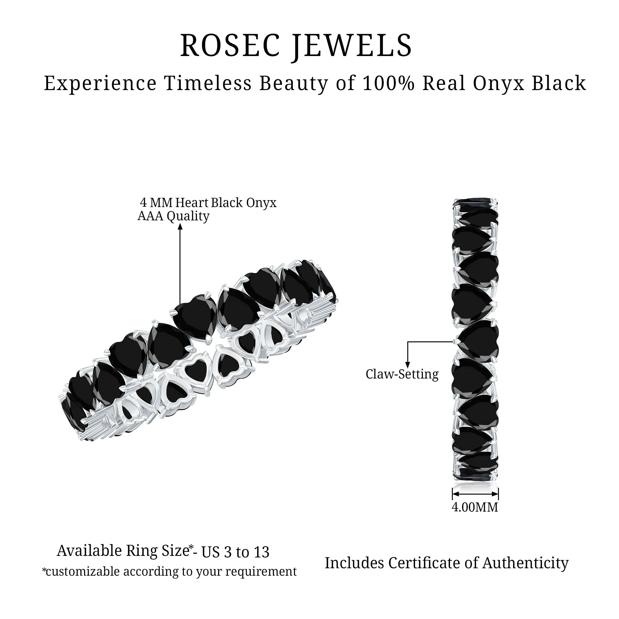 Claw Set Heart Shape Black Onyx Eternity Band Ring