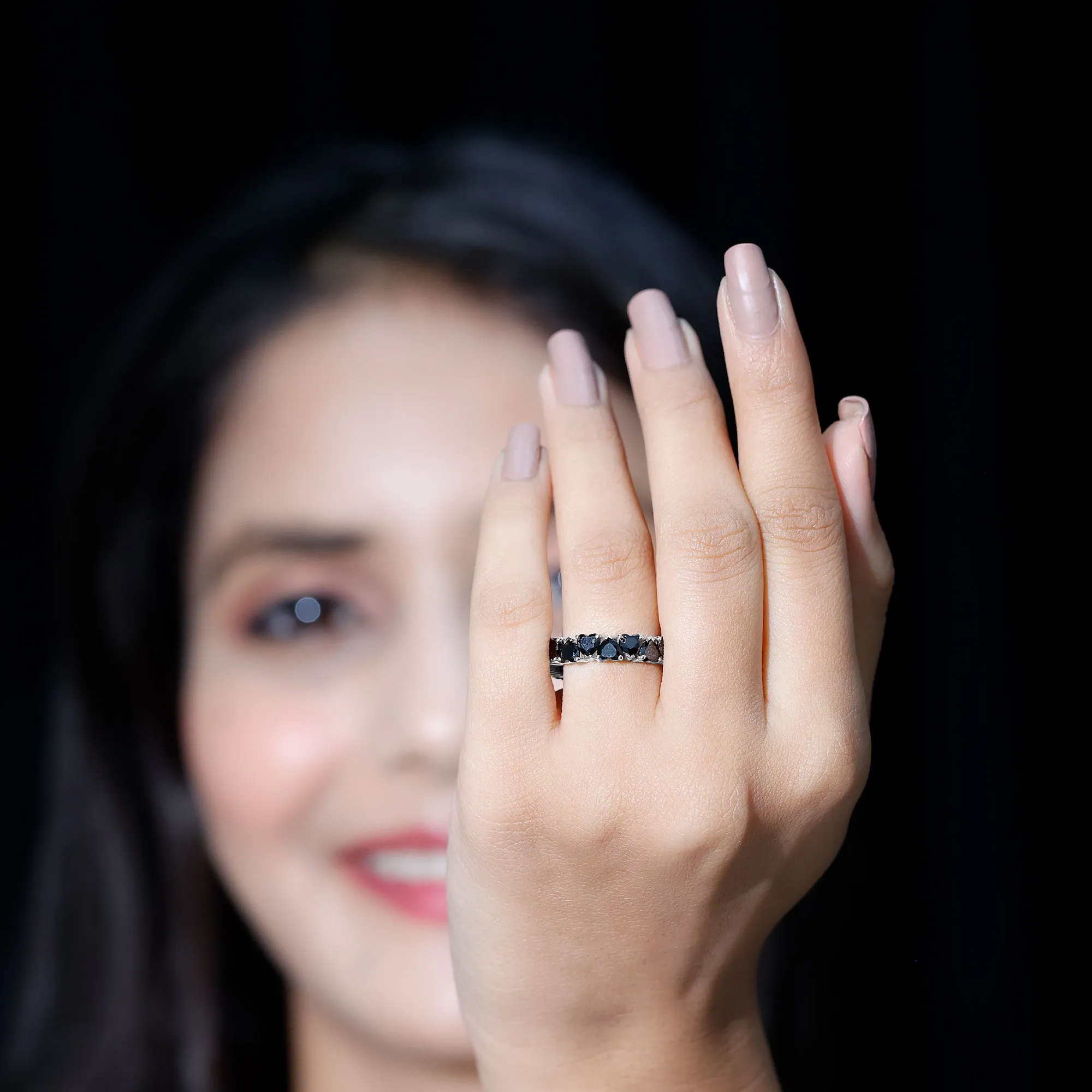 Claw Set Heart Shape Black Onyx Eternity Band Ring
