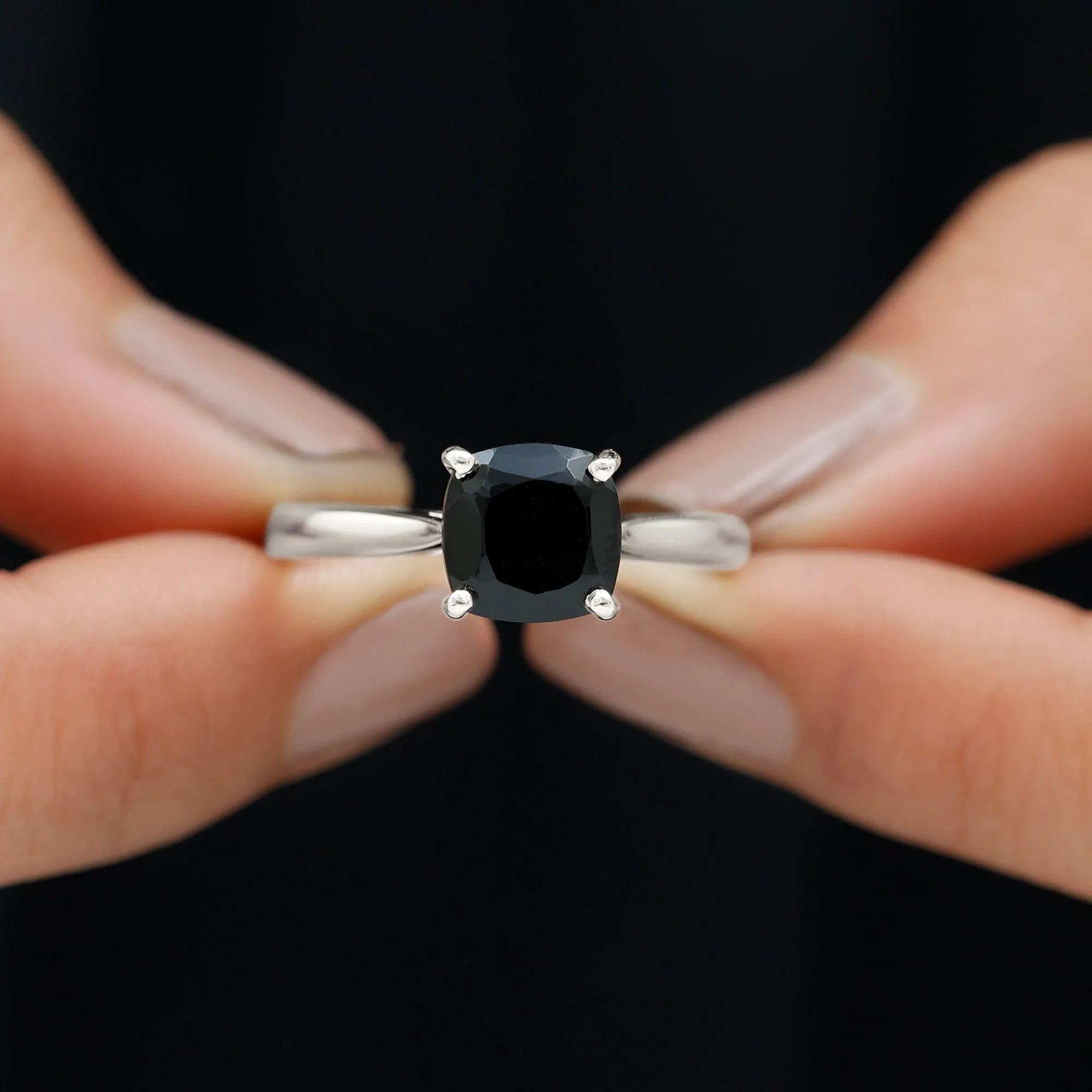 Cushion Cut Black Onyx Solitaire Ring with Surprise Diamond