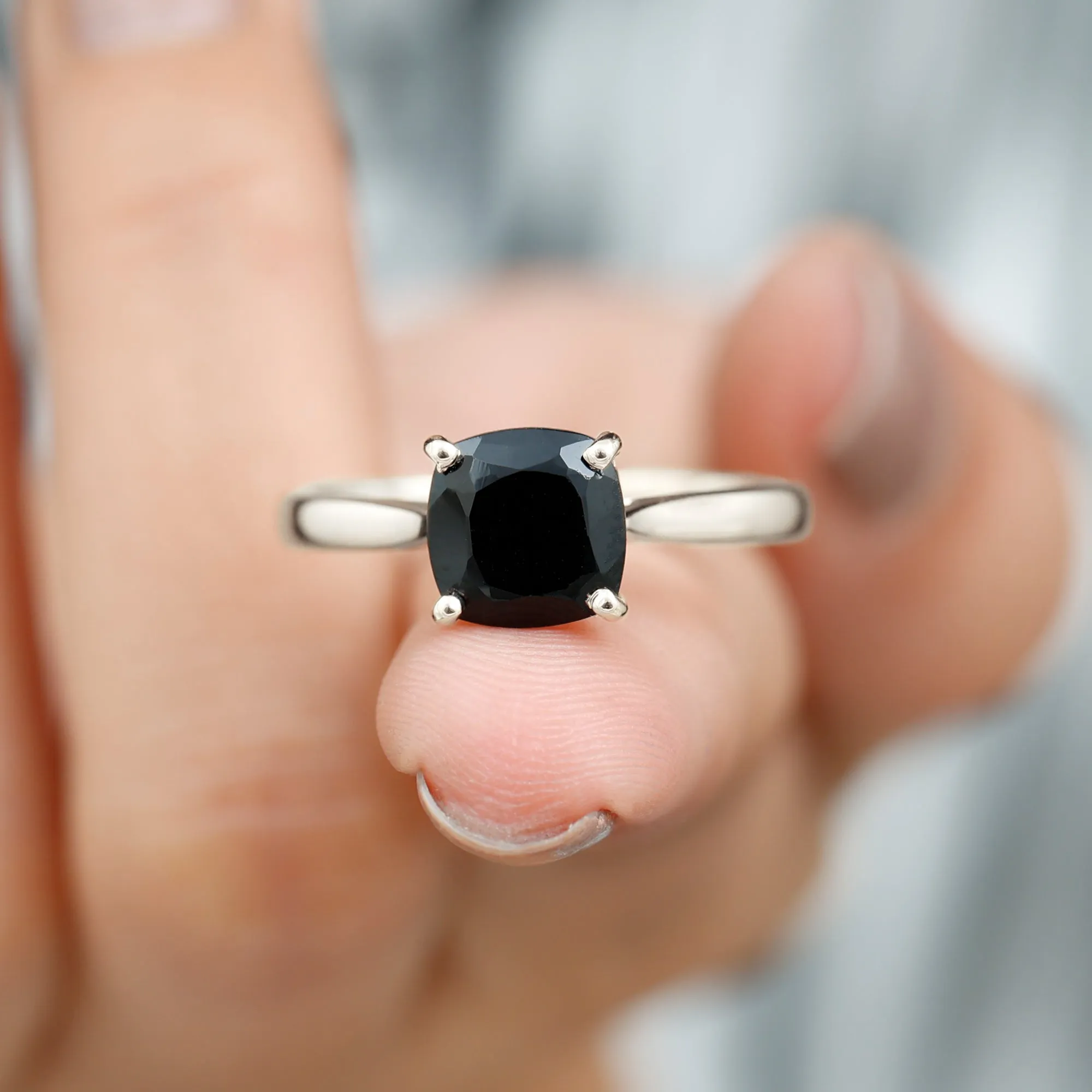 Cushion Cut Black Onyx Solitaire Ring with Surprise Diamond