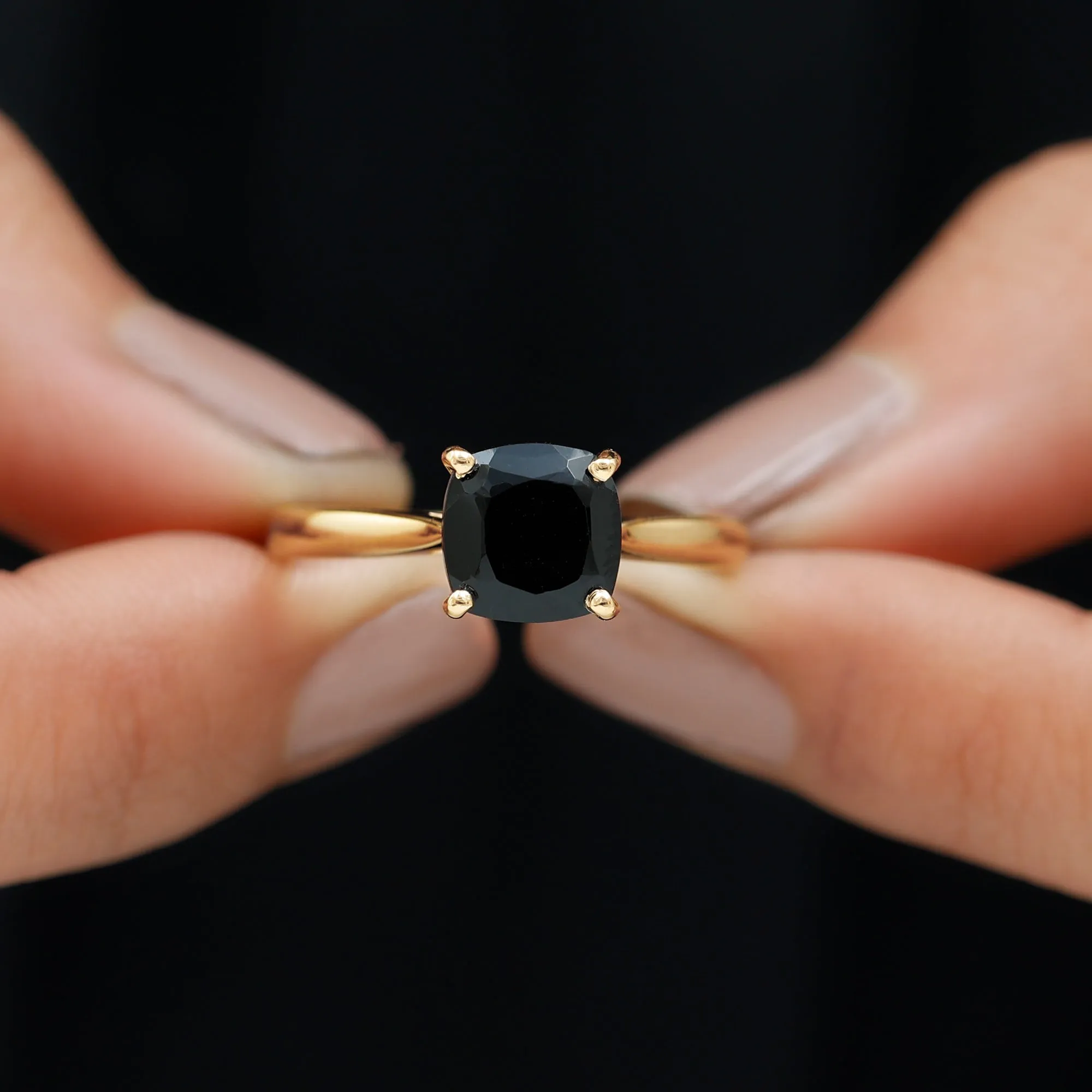 Cushion Cut Black Onyx Solitaire Ring with Surprise Diamond