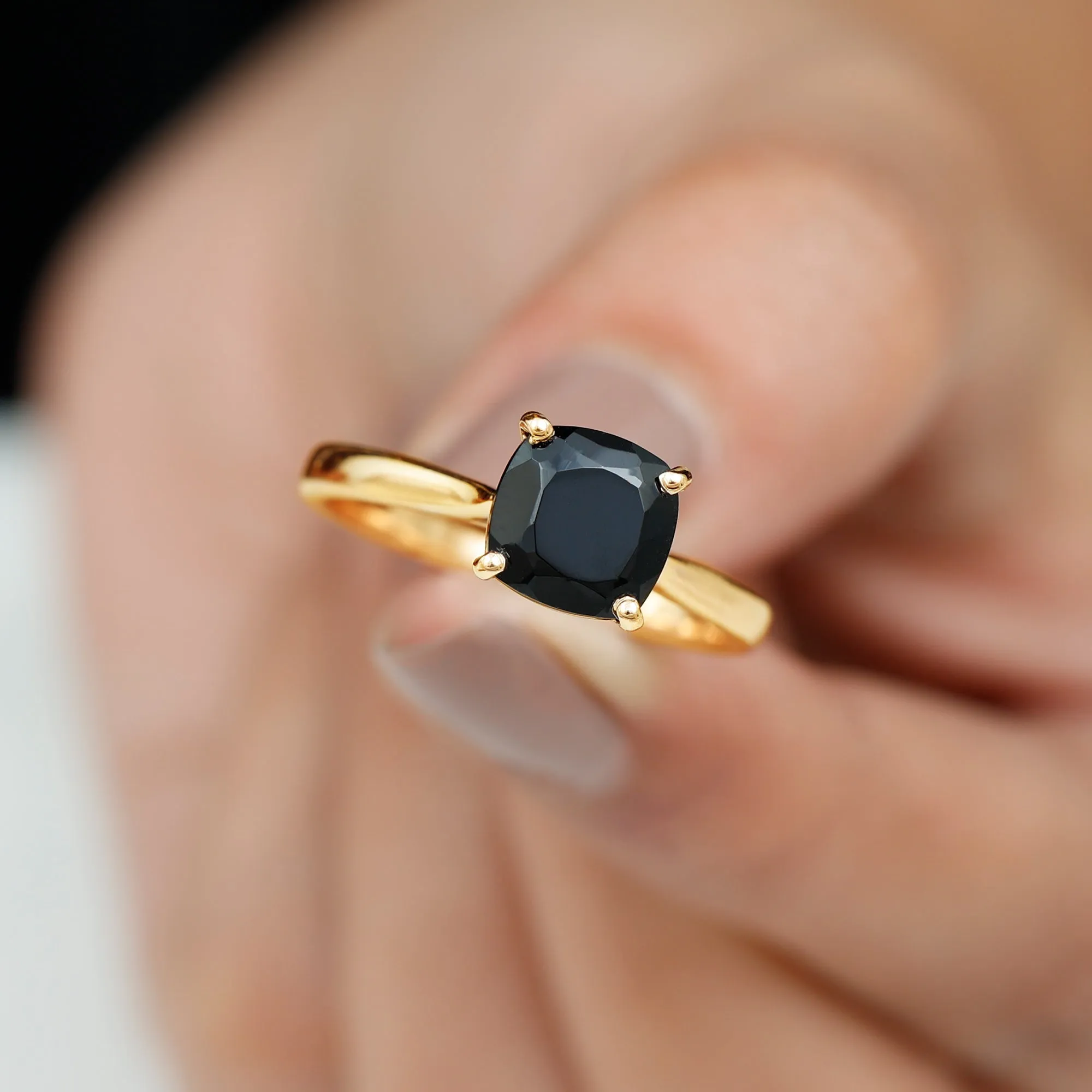 Cushion Cut Black Onyx Solitaire Ring with Surprise Diamond
