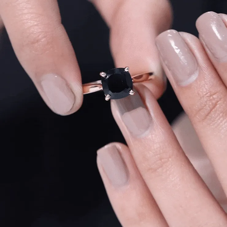 Cushion Cut Black Onyx Solitaire Ring with Surprise Diamond